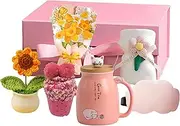 Gifts for Women, Birthday Gift Sets for Women, Pamper Gift Basket for Her, Ceramic Cat Coffee Cup and Crochet Flowers Gift Hamper