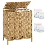 Laundry Hamper with Lid, 112 L Handwoven Rattan Wicker Laundry Basket, 2 Remo...