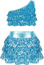 [Loodgao] Girls Sequins Dance Clothes Dress Sparkle Hip Hop Jazz Latin Dance Outfit Sleeveless Crop Top and Skirt