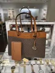 Michael Kors Jet Set Travel Large Brown Pocket Tote Bag w/ Trifold Wallet Combo