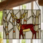 Stained Glass Window Panel Suncatcher Woodland Hangin Chain Deer Brown and Amber