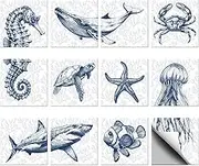 CHGCRAFT 36Pcs 12Styles Peel and Stick Tile Stickers Waterproof Self-Adhesive Ocean Marine Life Backsplash Tile Stickers for Kitchen Bathroom Staircase Room Decoration, 4x4Inch