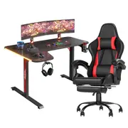 Advwin L Shape 140cm Gaming Desk RGB LED Light & Gaming Chair Racing Recliner Executive Seat Office Chair Red & Black