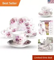 Microwave Safe Floral Tea Cups Set - 6 Elegant Porcelain 7oz Cups & Saucers