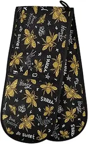Long Double Oven Mitts, Bees Pattern Honey Sweet Heat Resistant Quilted Kitchen Oven Gloves with Loop Washable for Microwave Cooking Baking Grilling Barbecue, 7" x 35"