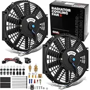 DNA MOTORING 2pcs 10Inch Electric Radiator Cooling Fan Thermostat Wiring Switch Relay Kit, Universal High Performance Slim Fan Push Pull Electric Radiator with Mount Kit, RAF-10X2+SW-KIT