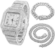 [Halukakah] Men’s Watch - The King - 18K Gold/Platinum Plated, 40MM Square Dial, Iced Out Wristband, with Cuban Link Chain Necklace and Bracelet Set Optional, Comes in Giftbox