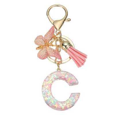 Alphabet C Tassel Butterfly Initial Letter Keychain (Pink, Pack of 1)