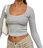 [Faretumiya] Women Knit Crop Top Long Sleeve Bodycon Backless Ribbed Cropped Tee Shirts Scoop Neck Sexy Cutout Tshirt Tops Retro Y2k