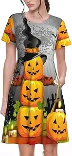 [EdWal] Halloween Pumpkin Print Womens Sundress Summer Floral Short Sleeve Wrap Round Neck A-Line Midi Dress Summer