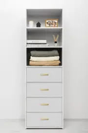 Geneva 3 Shelf 4 Drawer Built In Wardrobe - White - Slim - Oval Brass