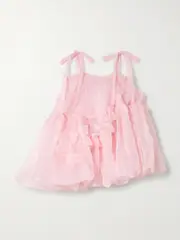 [Cecilie Bahnsen] Cecilie Bahnsen - Cristina Bow-detailed Tiered Ruffled Crinkled-taffeta Mini Dress - Pastel pink - UK 14 UK 14 Pink