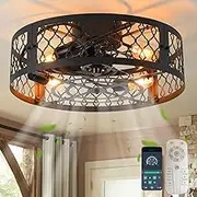 Jaycomey 20in Caged Ceiling Fan with Light,Bladeless Black Fandelier Ceiling Fan with Remote,Industrial Farmhouse Flush Mount Ceiling Fan Light Fixtures for Kitchen,Bedroom, Living Room