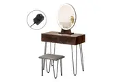 Levede LED Round Mirror Dressing Table Stool Set Brown