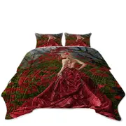 Fantasy Art Beautiful Red Dressed Woman and Dragon Coverlet
