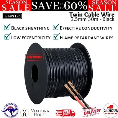 2.5MM 30M Twin Core Wire Electrical Cable Electric Extension Car 2 Sheath Black