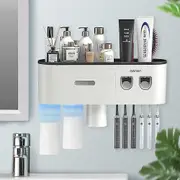 Wall Mounted Double Automatic Toothpaste Dispenser, Toothbrush Holder For Bathroom And Vanity, With 6 Brush Slots, 3 Magnetic Cups, Black