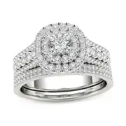 1 CT. T.W. Diamond Double Cushion Frame Multi-Row Bridal Engagement Ring Set in 14K White Gold