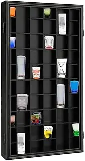 Sboitflmm 52 Shot Glass Display Case - Shot Glass Holder - Shot Glass Shelf Wall Mount Wooden Lockable with Removable Shelves for Collection Shot Glass UV Protection Acrylic Glass Door, Black