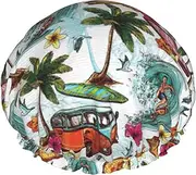Hawaiian Surfer On Wavy Print Various Activities Shower Cap Reusable Soft And Lightweight Bath Hair Cap Long Hair