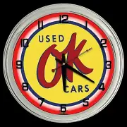 16" OK Used Cars Sign Advertising Red Neon Lighted Wall Clock Garage