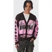 Mens Pink Oversized Boxy Moto Knitted Cardigan