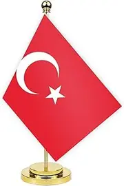 Turkey Desk Flag,12 inch Tall Small Turks Indoor Banner,Tiny Printing Decor For Office Home Table Meeting With Golden Metal Pole Base