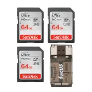 SanDisk 64GB 140 MBs SDXC Memory Card 3 pack with All In One Card Reader