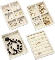 Nwvuop 4 Pack Jewellery Organizer Tray, Stackable Velvet Small Jewellery Trays for Drawer, Mini Jewelry Drawer Organiser Earring Organiser 4.92× 3.74× 1 inches(Beige)