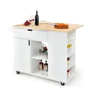 Giantex Drop-Leaf Kitchen Island Mobile Serving Cart w/Rubber Wood Top & Drawer Kitchen Utility Cart Dining Room