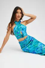 Multi Floral Halter Crop Top Rosette Flower Detail Keyhole - Size 14, Women's Crop Top