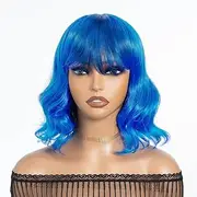 Short Wig with Bangs for Women bob Wavy Synthetic Wigs with Natural Shoulder Length Curly Heat Resistant Hair for Daily Party Use (Blue)