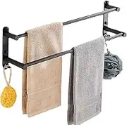 Towel Rack, Black Aluminum Alloy, 90cm x 90cm x 100cm, Matte Finish, Self-Adhesive, 2-Tier with Hook, Ideal for Bathrooms, Kitchens, Bedrooms & More