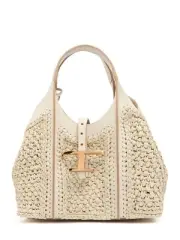 TOD'S T Timeless Mini $3345 White Leather And Raffia Shopping Bag New