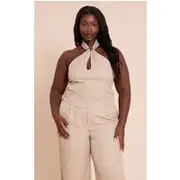 Plus Clay Trim Detail Halterneck Tailored Top, Clay