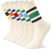 [Zuimei] 6 Pairs Crew Sport Socks Women Men Striped Crew Socks Unisex Athltic Socks Retro Cotton Socks Striped Sports Socks, Size 4-7.5, White, One size