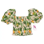 Luv Betsey Womens Size M Smocked Short Sleeve Top Lemons Multicolor Pink