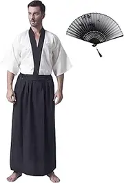 [KRUIHAN] Japanese Kimono Men's Yukata Kimono Robe Japanese Traditional Samurai Uniform Cosplay Costume Japanese Style Clothing Haori Jacket Top Hakama Skirt Set, One Size