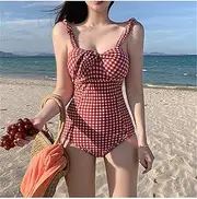 Sexy Bandeau One Piece Swimsuit Women Plaid Swimwear Push Up Monokini Pad Swim Suit Bow Red Bathing Suit