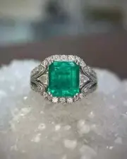 Art Deco 3Ct Green Emerald Lab Created 14K White Gld FN Engagement Ring