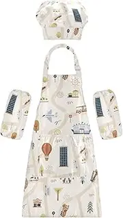 AIXIWAWA Kids Apron Chef Hat Set, Child Kitchen Bib Aprons Adjustable for Cooking Baking Painting (Cartoon City Map)
