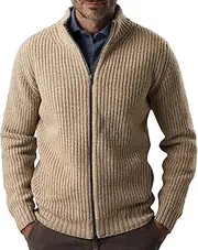 [DGHM-JLMY] Men's Full-Zip Ribbed Chunky Sweaters Slim Fit Mock Neck Pullover Sweater Stand Collar Casual Knitted Cardigan