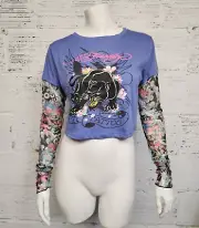Ed Hardy Twofer Juniors Size L Mesh Tattoo Sleeves Panthera Crop Top