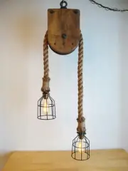 Steampunk Ceiling Light, Antique Wood Barn Pulley, Dimmer, Edison Bulbs, Rope