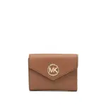 【MICHAEL KORS】專櫃經典款金字防刮皮革MK金屬LOGO 三折短夾/手拿包 咖啡色(短夾 皮夾 手拿包)