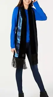 NWT Womens DKNY Black Velvet Blue Sequin Fringed Scarf Round Logo OS