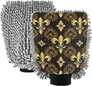 Wash Mitt for Car Washing Elegant Golden Fleur De Lis Black Cleaning Car Detailing Kit Mitts Soft Scratch Free Microfiber Absorbent Chenille, Medium x 2 Pack