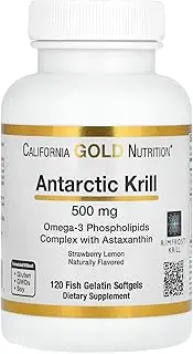California Gold Nutrition Antarctic Krill Oil, Omega-3 Phospholipids Complex with Astaxanthin, Natural Strawberry and Lemon, 500 mg, 120 Fish Gelatin Softgels