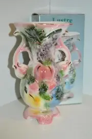 Lustre VASE 10" Tall China FRUIT Motif Nice GLAZE DECOR Pink Green Colors