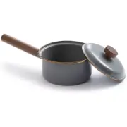 Barebones Living Enamel Saucepan Steel Core Walnut Accents Vintage-Inspired